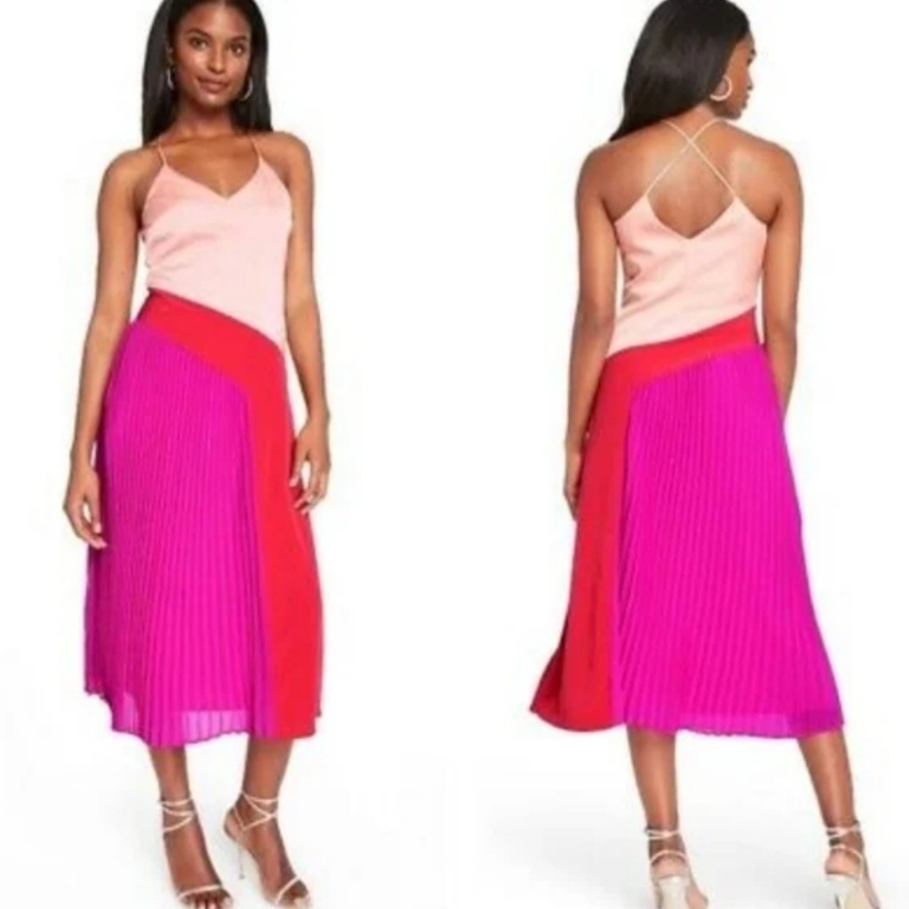 Pink & Fuchsia Colorblock Pleated Midi Dress